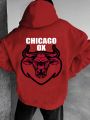 Men's Bull Head & Letter Printed Fleece Lined Hoodie With Drawstring