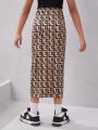 SHEIN Kids Cooltwn Teenage Girls' High Waist Printed Midi Skirt