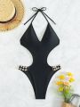 SHEIN Swim SXY Women's Pearl-embellished Waist Cutout Halterneck One-piece Swimsuit