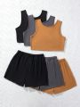 3pcs/Set Teenage Girls' Casual Knit Tank Top And Shorts Set In Multiple Colors