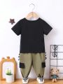 Baby Boys' Letter Print T-Shirt And Street-Style Fashionable Cargo Pants Set With Woven Belt