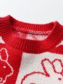 Girls' Color Block Rabbit Pattern Sweater