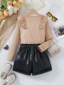 SHEIN Kids Nujoom 2pcs/Set Tween Girls Ruffle Trim Ribbed T-Shirt And Pu Leather Shorts