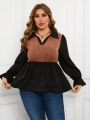 SHEIN LUNE Plus Size Women's Contrast Ruffle Sleeve Top