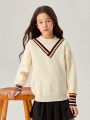 SHEIN Kids Nujoom Girls' (big Kid) Round Neck Color Block Knit Sweater With Contrast Cuffs