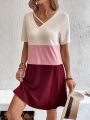 Color Blocking Asymmetrical Neckline Casual Dress