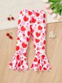 SHEIN Kids QTFun Girls' Knitted Love Heart Pattern Casual Flare Pants