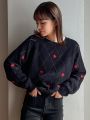 FRIFUL Women'S Love Heart Embroidery Hollow Out Knitted Sweater
