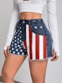 Women'S Flag, Star, Stripe Print Frayed Hem Denim Shorts