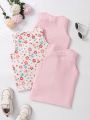 SHEIN Kids QTFun Girls' Lovely Printed Vest Top 3pcs Set, Suitable For Spring/summer Vacation