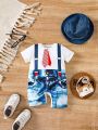 SHEIN Baby Boy's Simple 2 In 1 Short Sleeve Romper With Shorts For Summer