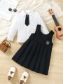 SHEIN Kids FANZEY Young Girl's White Shirt And Pleated School Uniform Skirt 2pcs Set