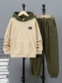 SHEIN Kids KDOMO Tween Boy Letter Patched Kangaroo Pocket Drop Shoulder Hoodie & Sweatpants