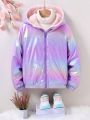 SHEIN Kids EVRYDAY Tween Girl Holographic Zip Up Thermal Lined Hooded Jacket