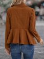 Solid Button Front Peplum Hem Corduroy Coat