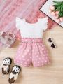 SHEIN Little Girls' Knitted Patchwork Polka Dot Heart Pattern Ruffle Hem Jumpsuit