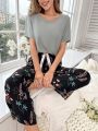 Color Block Floral Print Bowknot Short Sleeve And Long Pants Pajamas Set For Women's Homewear