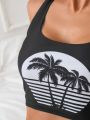 SHEIN Swim Classy Coconut Palm Tree Print Tank Top And Triangle Bikini Set