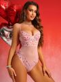 Women's Hearts Mesh Lace Sexy One Piece Lingerie With Underwire Bra And Panty