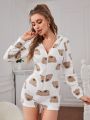 Bear Print 3D Ear Design Hooded Flannel Sleep Romper