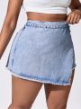 SHEIN Essnce Plus Size Women's Casual High Waist Fitted Frayed Denim Skirt Shorts