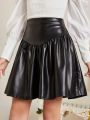 SHEIN Kids FANZEY Girls' Simple Pu Leather A-line Skirt, Loose & Casual Style