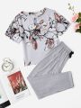 Floral Print Tee & Bow Front Pants PJ Set