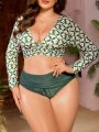 SHEIN Swim SPRTY Plus Size Women's Floral Print Long Sleeve Crop Top Swimsuit Set