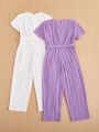 SHEIN Kids Nujoom Tween Girls' Vintage Round Neck Jumpsuit With Multiple Items In A Set