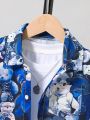 SHEIN Kids QTFun Toddler Boys' Cute Bear Full Printed Shirt With Turn-Down Collar And Shorts Casual Outfit