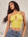SHEIN BAE Romantic Valentine's Day Dating One Shoulder Hollow Out Pleated Pale Yellow Women Top