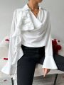 SHEIN Privé Women'S Party Ruffle Cowl Collar White Shirt With Unique Design