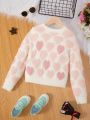 SHEIN Tween Girls Heart Pattern Fuzzy Tissue Sweater