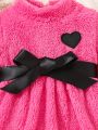 SHEIN Baby Girl Heart Embroidery Mock Neck Belted Teddy Dress