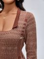 ELPIDA Plaid Pattern Split Front Bodycon Sweater Dress