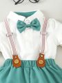 Infant Boys' Bowtie Short Sleeve Colorblock Romper And Overall Shorts Outfit