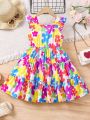 SHEIN Kids SUNSHNE Little Girls' Floral Pattern Dress With Ruffle Hem