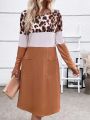 Leopard Print Colorblock Dual Pocket Tee Dress