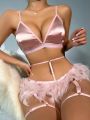 SHEIN Ladies Feather Patchwork Sexy Lingerie Set