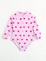 Baby Heart Print Zipper Front One Piece Swimsuit