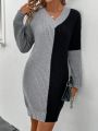 V-neck Two-tone Sweater Dress