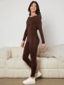 Teenage Girls' Knitted Pure Color Jumpsuit With U-neck And Slim Fit Back