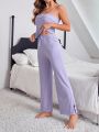 Solid Color Casual Cami Top With Split Hem Homewear Set