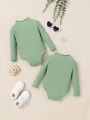 SHEIN Baby Girl Casual Solid Color Long Sleeve Jumpsuit Set, 2pcs
