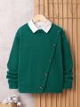 SHEIN Kids Academe Boys' Loose Fit Academy Style Long Sleeve Round Neck Sweater With Diagonal Fake Placket