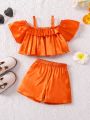 SHEIN Kids FANZEY Little Girls' Solid Color Off Shoulder Neckline Ruffle Trim Top And Shorts Set