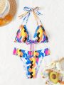 SHEIN Swim Y2GLAM Random Printed Front Knot Bikini Swimsuit Set