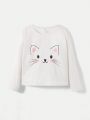 SHEIN Kids EVRYDAY Toddler Girls' Knitted Cat Pattern Round Neck T-shirt And Leopard Pattern Stitched T-shirt Two Plus One Set