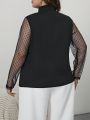 SHEIN Privé Plus Contrast Dobby Mesh Panel Tie Neck Top