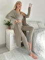 3pcs Solid Ribbed Knit Lounge Set With Robe